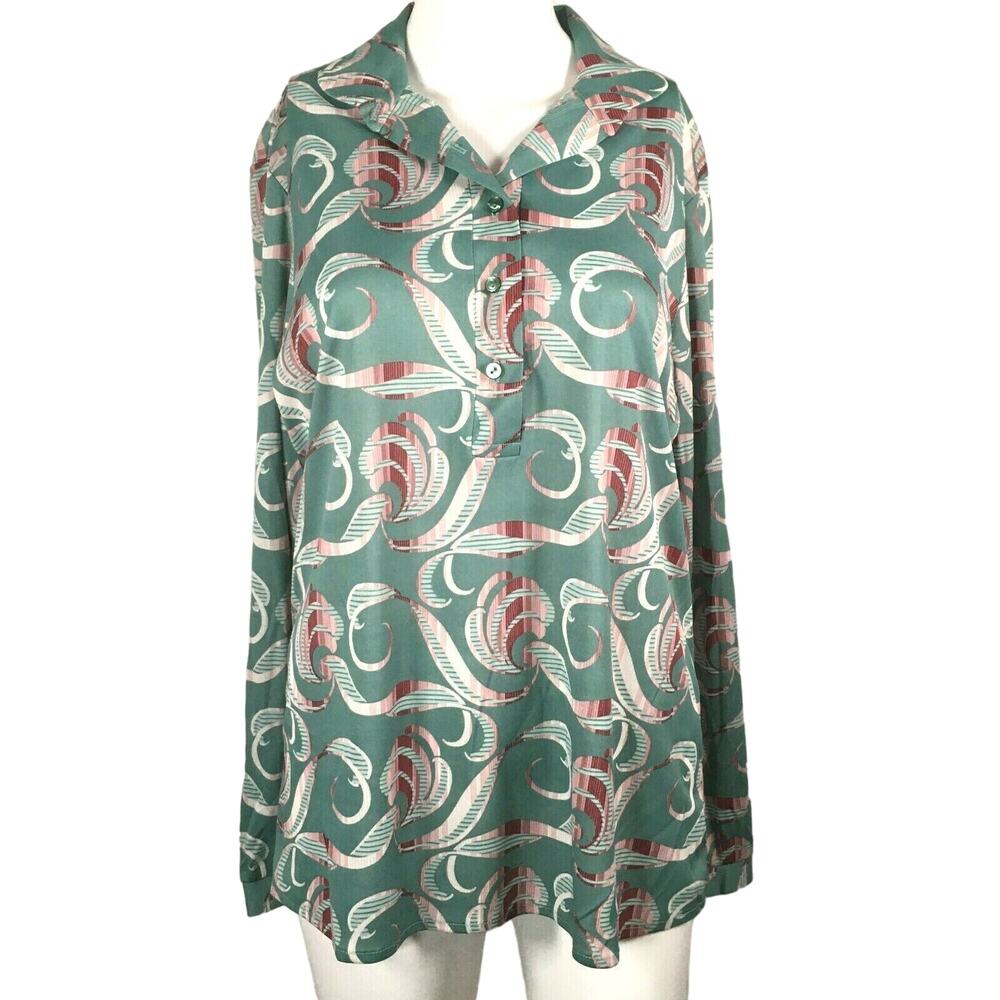Alex Colman Shirt Womens Sz 12 VTG 1960s Green Swirl 1/2 Button Long Sleeve